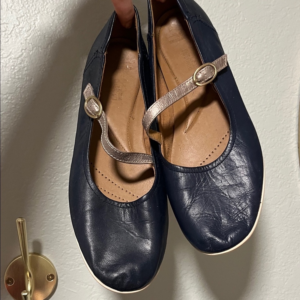 Clarks Navy Blue Leather Flats with Strap